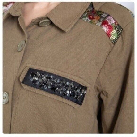 Khaki Button-Up Jacket W/Floral Embroidery & Beaded Pocket Accent -NEW - Picture 3 of 7
